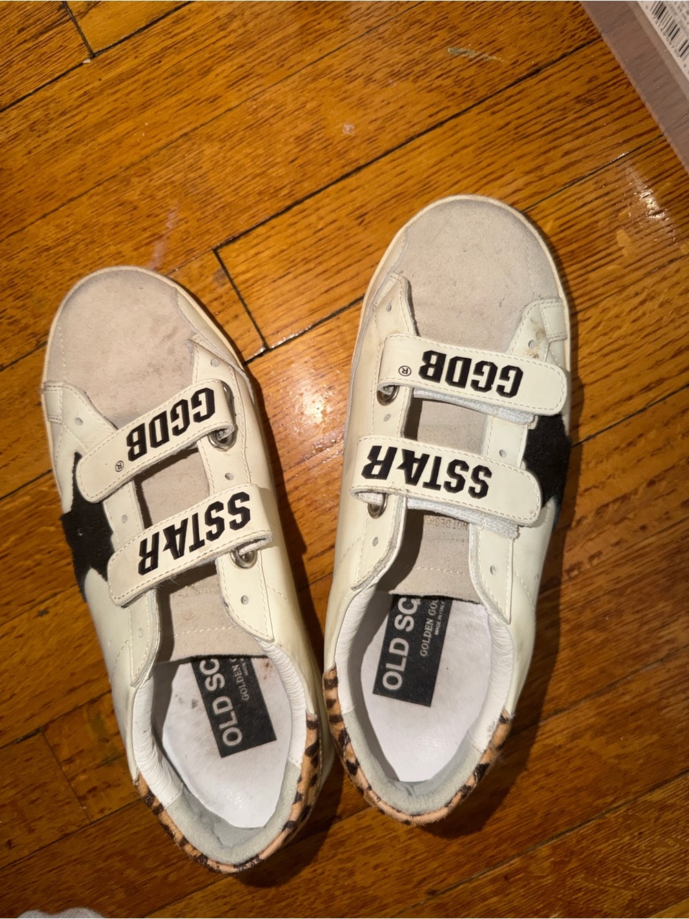 Golden Goose White Velcro Sneakers with Black Star and Leopard Heel